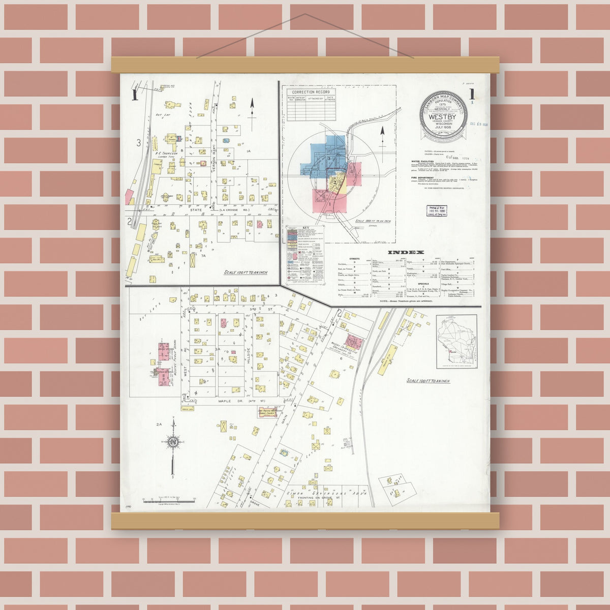 Old map wall art mockup — magnetic wood frame on brick wall — Sanborn Fire Insurance Map from Westby, Vernon County, Wisconsin (1938) - Complete Map Set