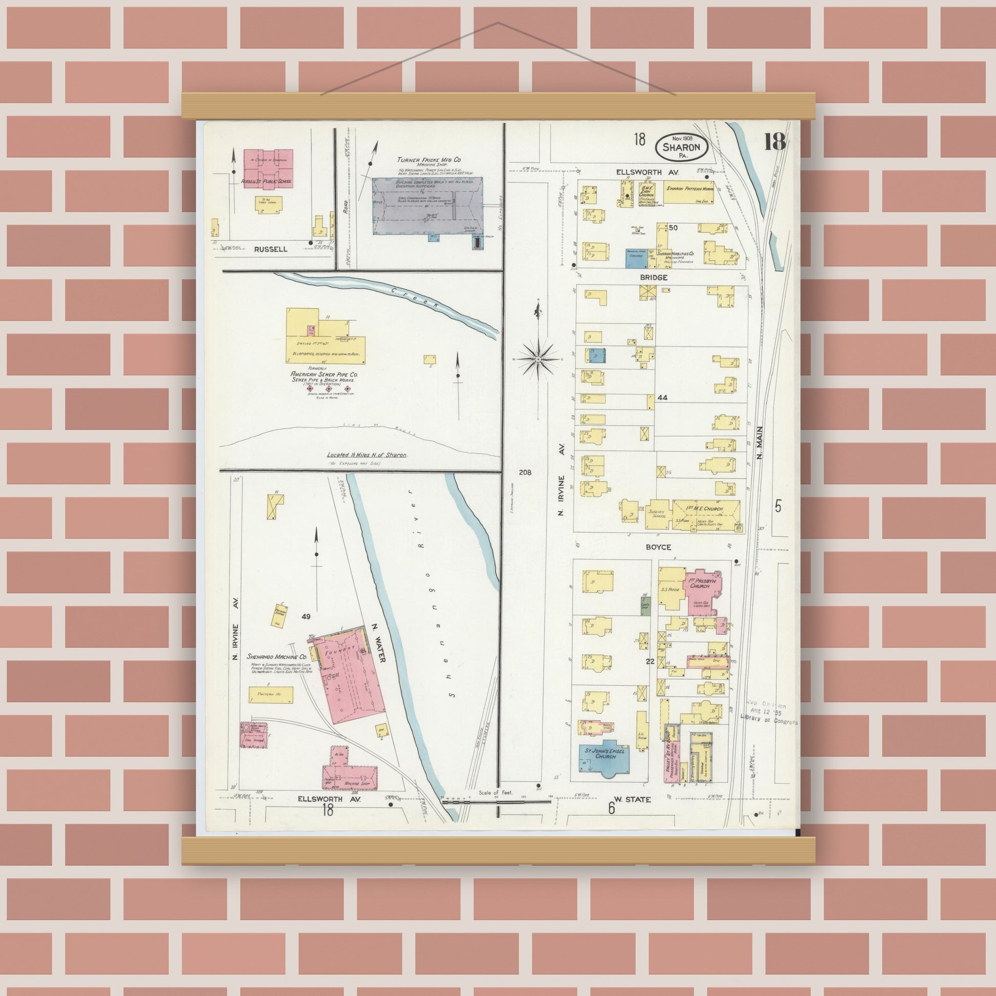 Old map wall art mockup — magnetic wood frame on brick wall — Sanborn Fire Insurance Map from Sharon, Mercer County, Pennsylvania (1908), Sheet #0018