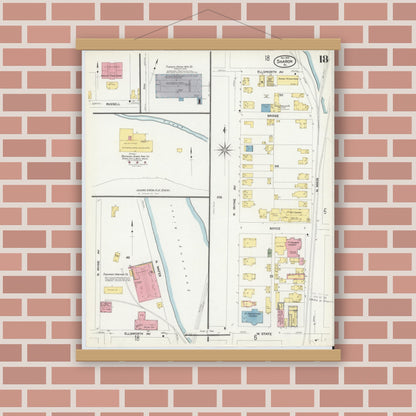 Old map wall art mockup — magnetic wood frame on brick wall — Sanborn Fire Insurance Map from Sharon, Mercer County, Pennsylvania (1908), Sheet #0018