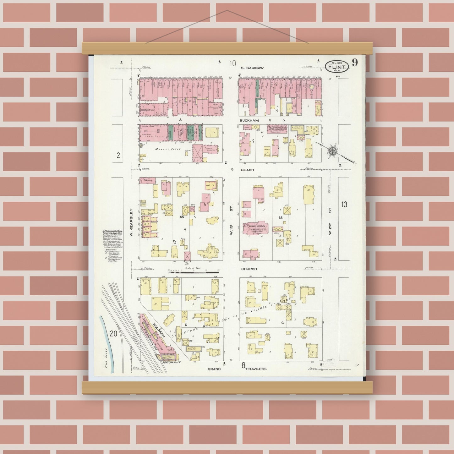 Old map wall art mockup — magnetic wood frame on brick wall — Sanborn Fire Insurance Map from Flint, Genesee County, Michigan (1909), Sheet #0009