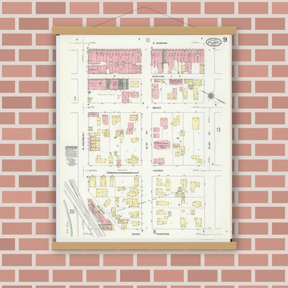 Old map wall art mockup — magnetic wood frame on brick wall — Sanborn Fire Insurance Map from Flint, Genesee County, Michigan (1909), Sheet #0009