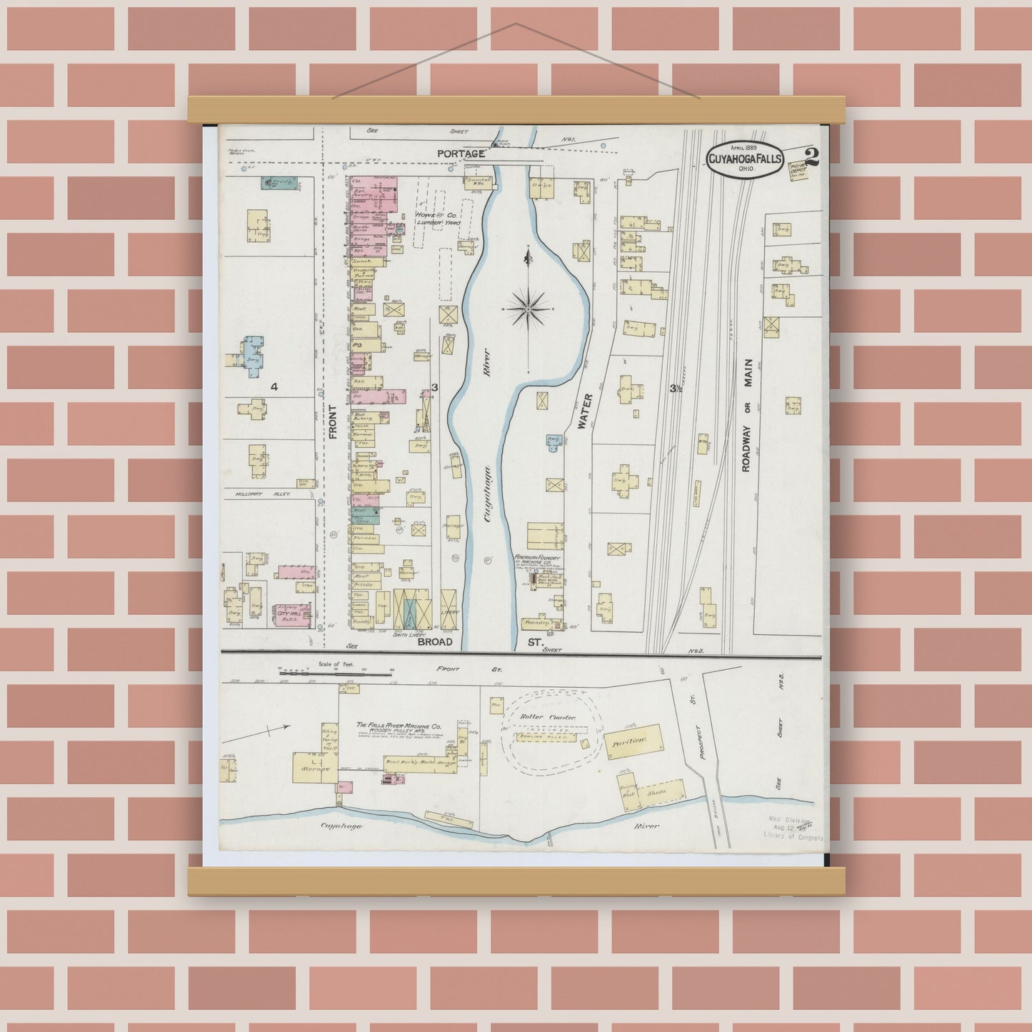 Old map wall art mockup — magnetic wood frame on brick wall — Sanborn Fire Insurance Map from Cuyahoga Falls, Summit County, Ohio (1889), Sheet #0002