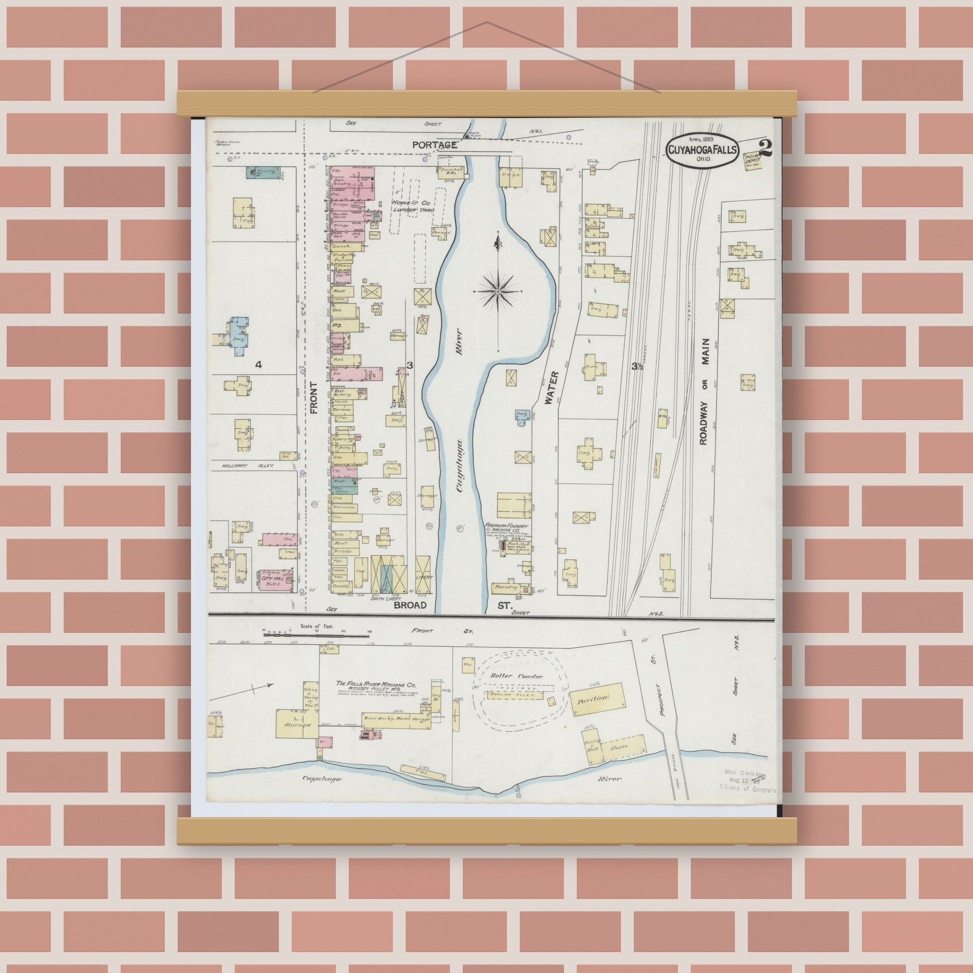 Old map wall art mockup — magnetic wood frame on brick wall — Sanborn Fire Insurance Map from Cuyahoga Falls, Summit County, Ohio (1889), Sheet #0002