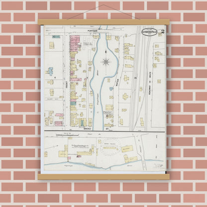 Old map wall art mockup — magnetic wood frame on brick wall — Sanborn Fire Insurance Map from Cuyahoga Falls, Summit County, Ohio (1889), Sheet #0002