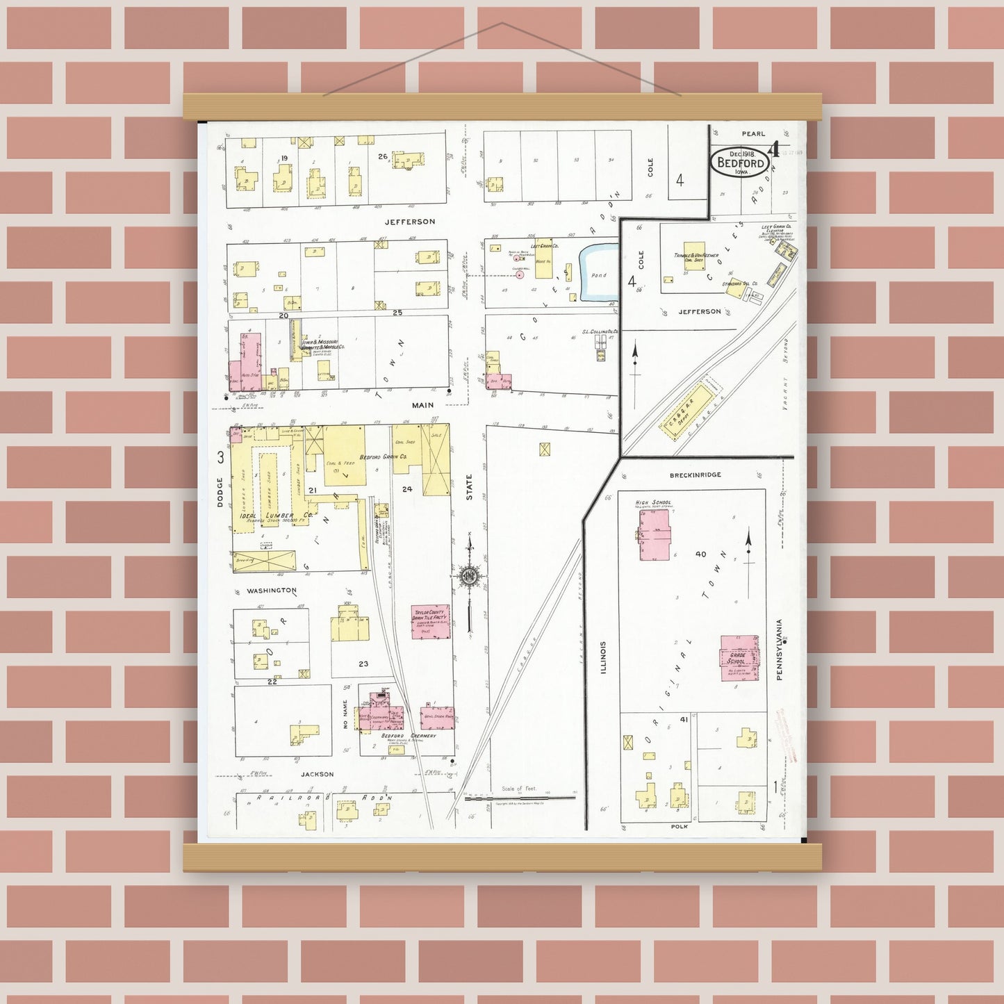 Old map wall art mockup — magnetic wood frame on brick wall — Sanborn Fire Insurance Map from Bedford, Taylor County, Iowa (1918), Sheet #0004