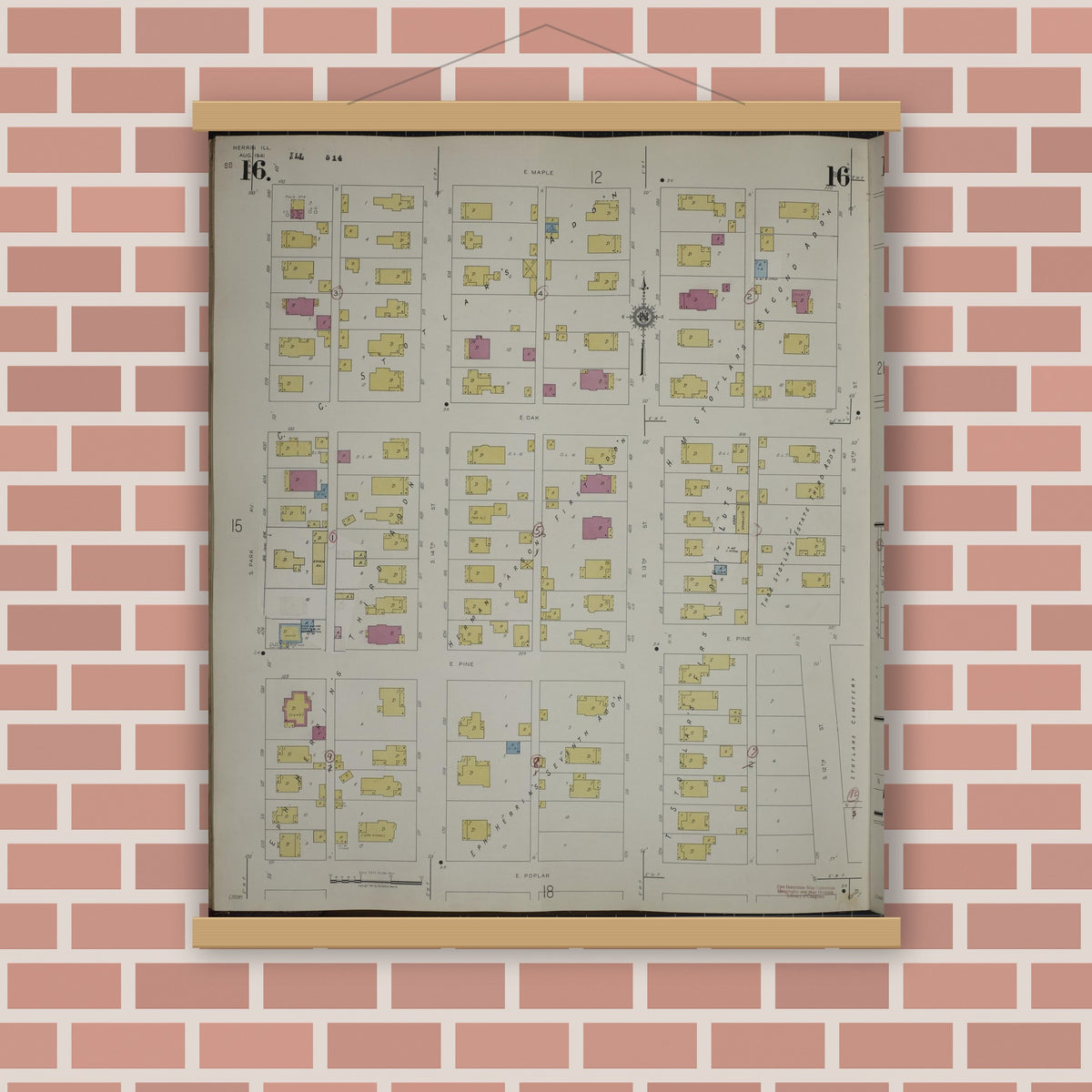 Old map wall art mockup — magnetic wood frame on brick wall — Sanborn Fire Insurance Map from Herrin, Williamson County, Illinois (1947), Sheet #0016