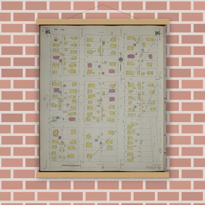 Old map wall art mockup — magnetic wood frame on brick wall — Sanborn Fire Insurance Map from Herrin, Williamson County, Illinois (1947), Sheet #0016