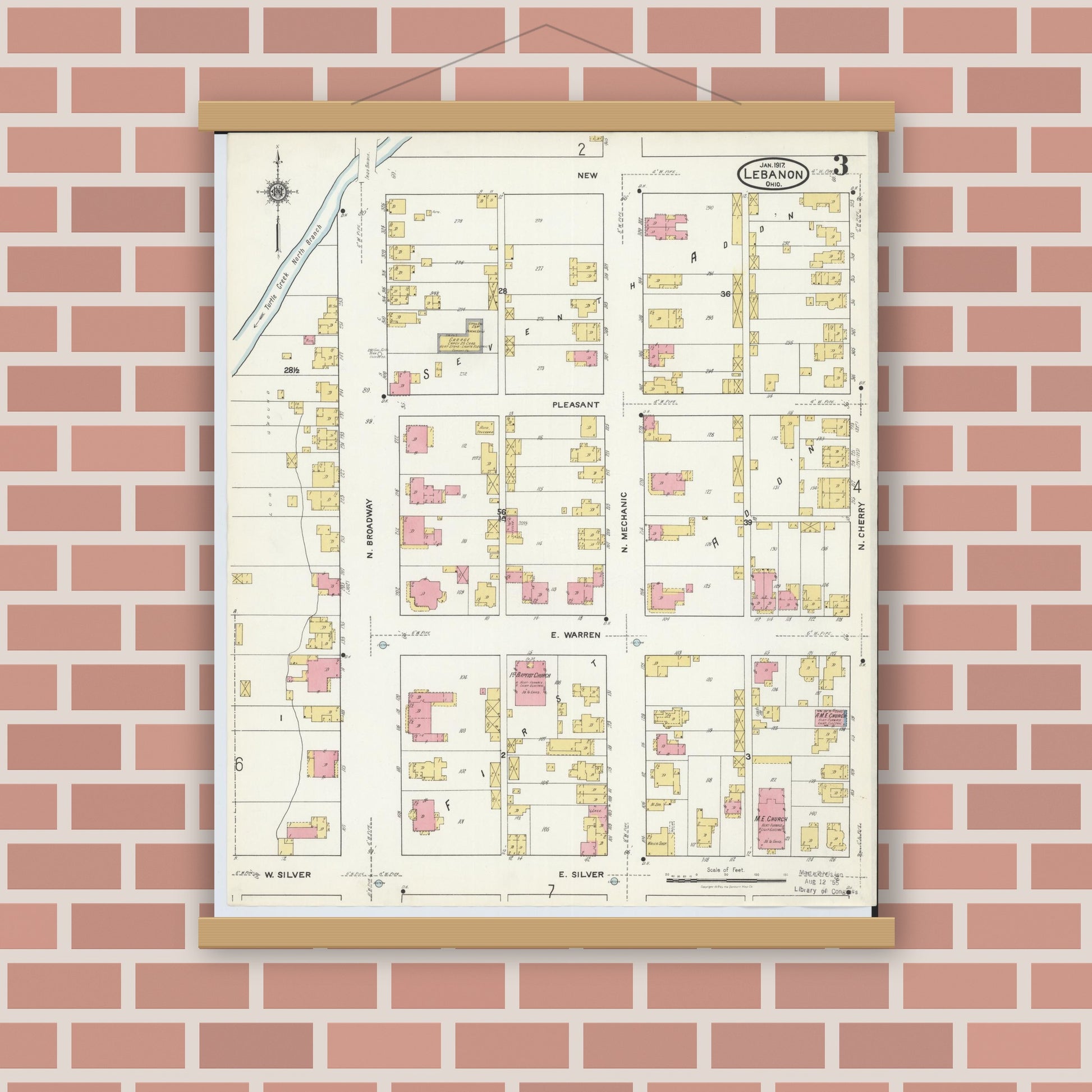 Old map wall art mockup — magnetic wood frame on brick wall — Sanborn Fire Insurance Map from Lebanon, Warren County, Ohio (1917), Sheet #0003