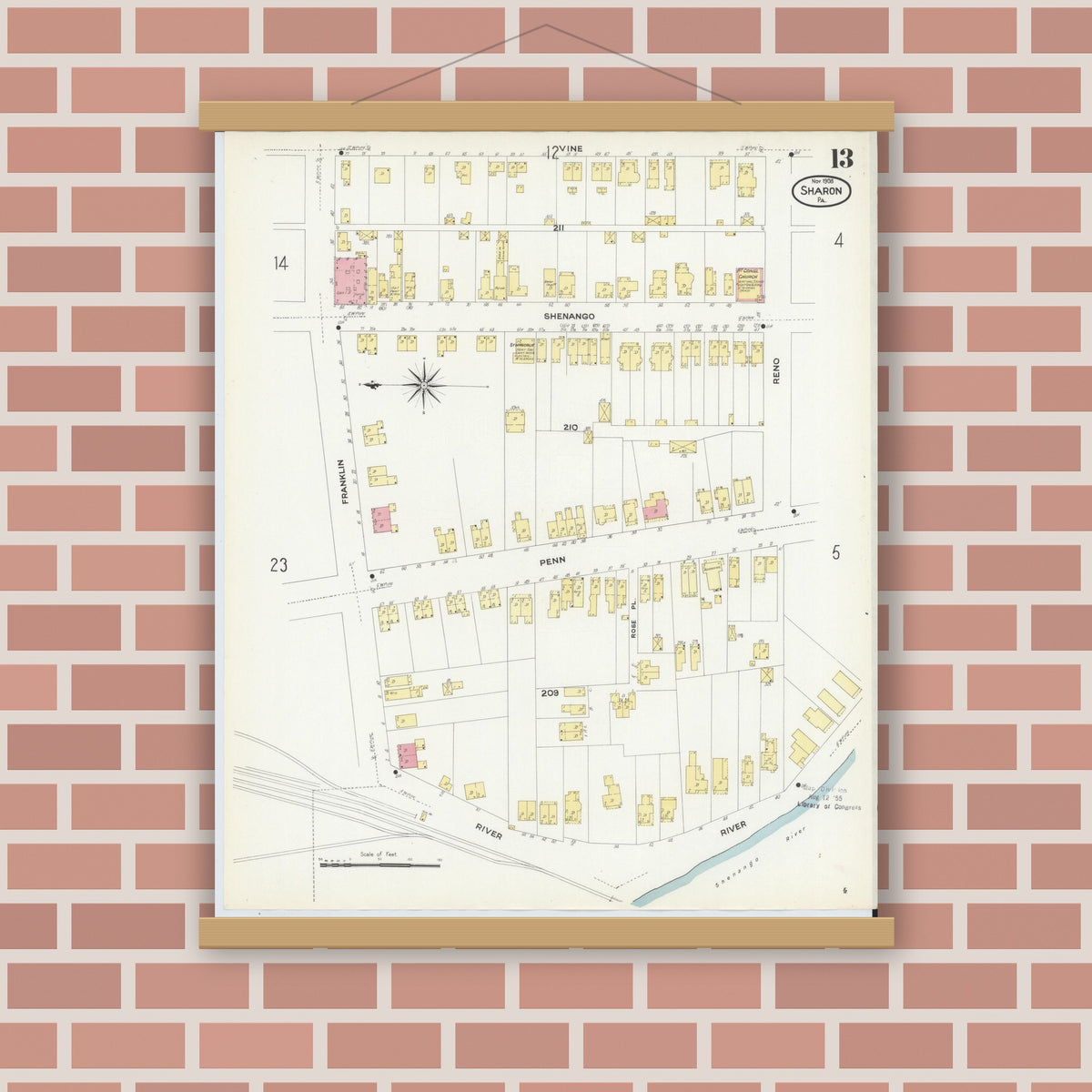 Old map wall art mockup — magnetic wood frame on brick wall — Sanborn Fire Insurance Map from Sharon, Mercer County, Pennsylvania (1908), Sheet #0013