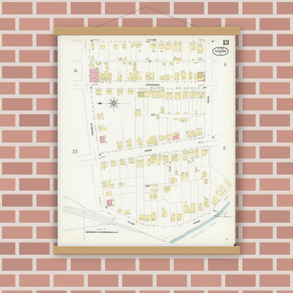 Old map wall art mockup — magnetic wood frame on brick wall — Sanborn Fire Insurance Map from Sharon, Mercer County, Pennsylvania (1908), Sheet #0013