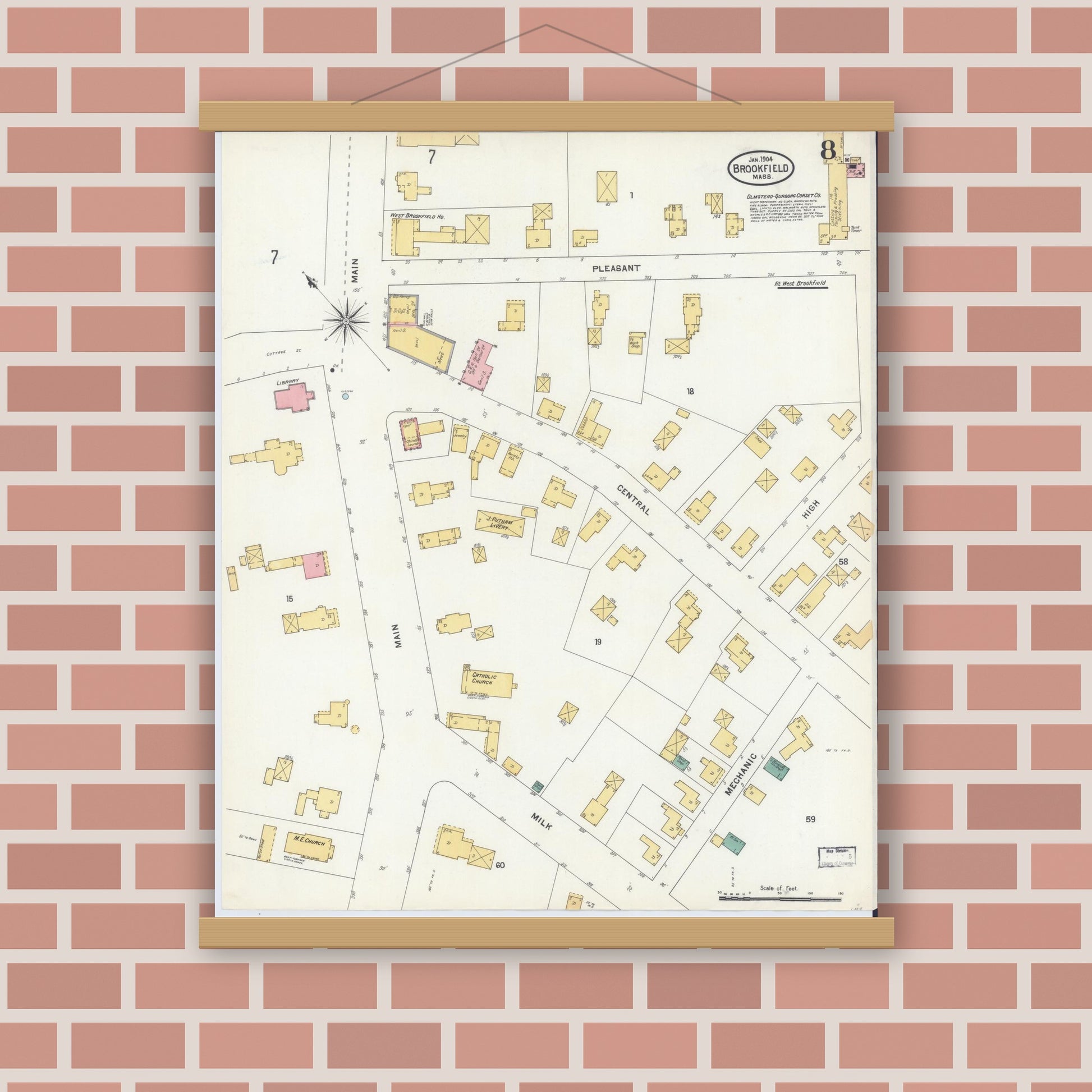 Old map wall art mockup — magnetic wood frame on brick wall — Sanborn Fire Insurance Map from Brookfield, Worcester County, Massachusetts (1904), Sheet #0008