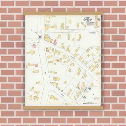 Old map wall art mockup — magnetic wood frame on brick wall — Sanborn Fire Insurance Map from Brookfield, Worcester County, Massachusetts (1904), Sheet #0008