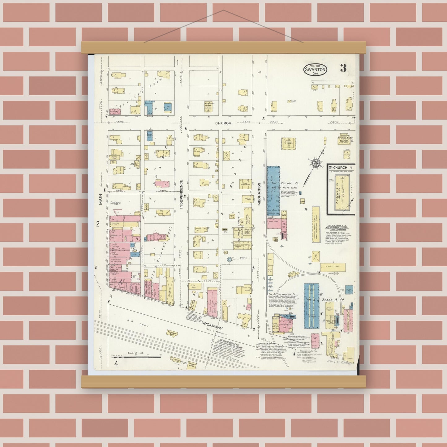 Old map wall art mockup — magnetic wood frame on brick wall — Sanborn Fire Insurance Map from Swanton, Fulton County, Ohio (1913), Sheet #0003