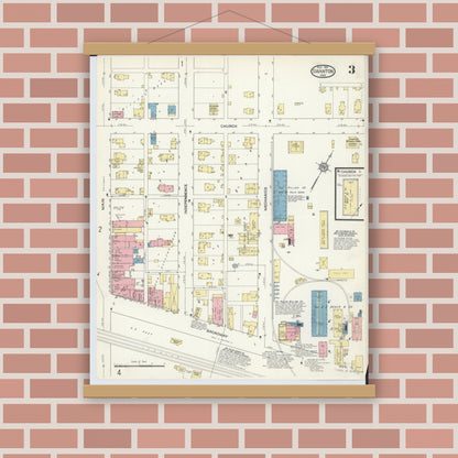 Old map wall art mockup — magnetic wood frame on brick wall — Sanborn Fire Insurance Map from Swanton, Fulton County, Ohio (1913), Sheet #0003