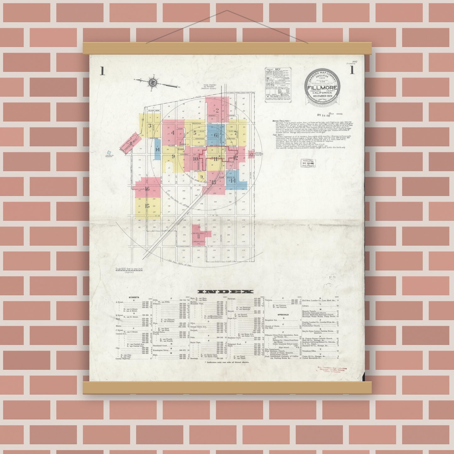 Old map wall art mockup — magnetic wood frame on brick wall — Sanborn Fire Insurance Map from Fillmore, Ventura County, California (1929) - Complete Map Set