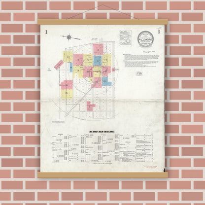 Old map wall art mockup — magnetic wood frame on brick wall — Sanborn Fire Insurance Map from Fillmore, Ventura County, California (1929) - Complete Map Set