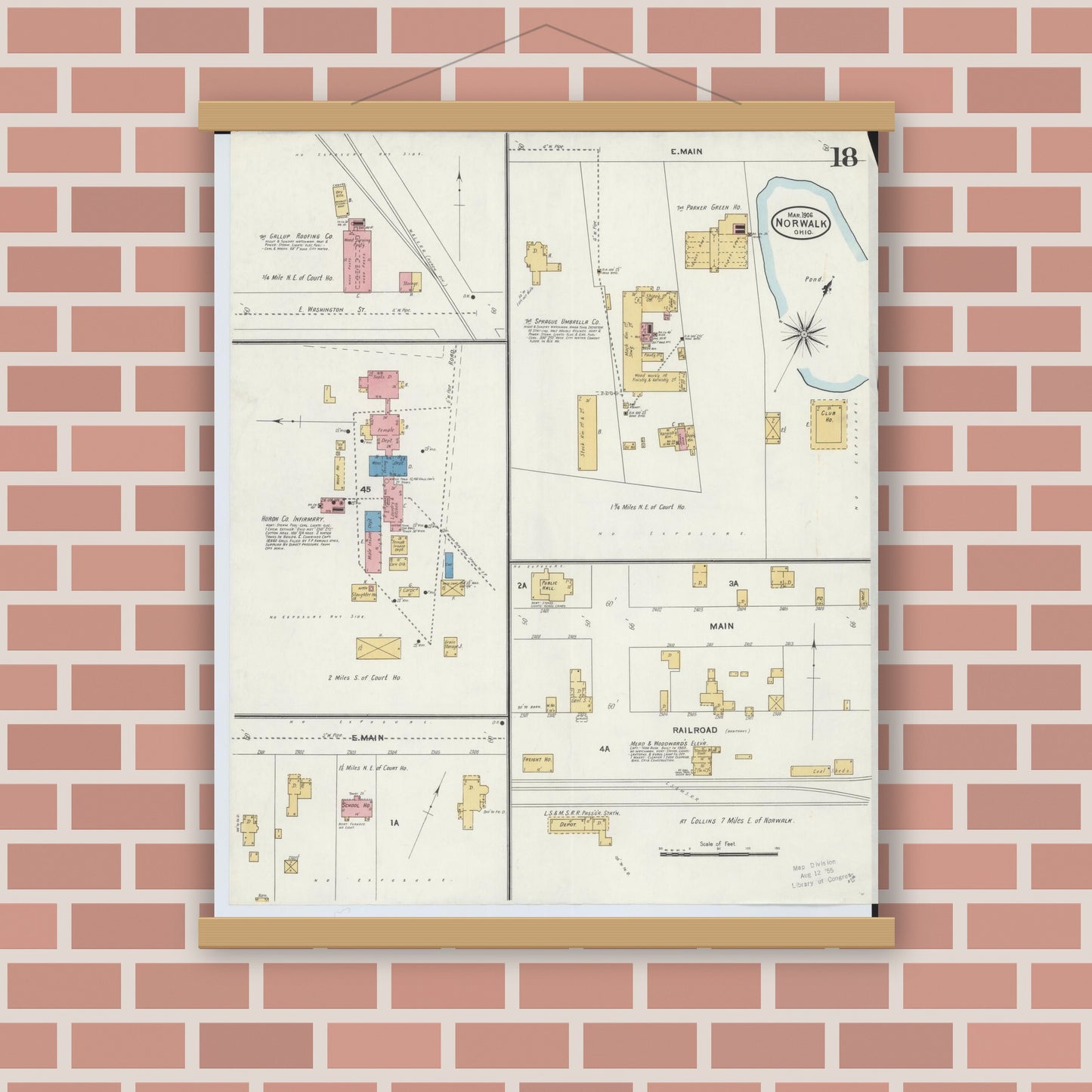 Old map wall art mockup — magnetic wood frame on brick wall — Sanborn Fire Insurance Map from Norwalk, Huron County, Ohio (1906), Sheet #0018