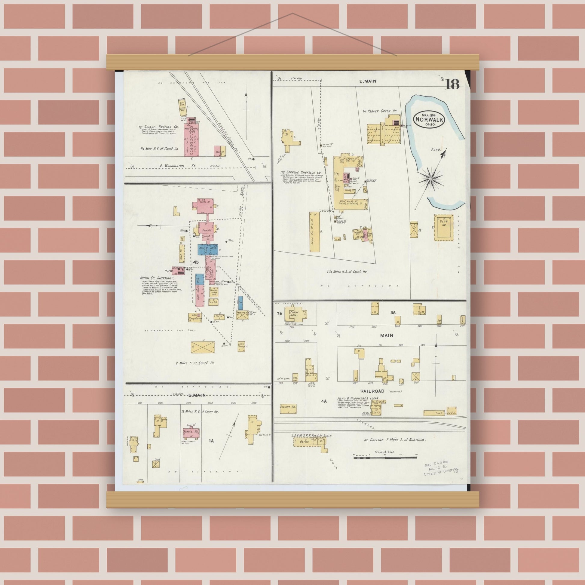 Old map wall art mockup — magnetic wood frame on brick wall — Sanborn Fire Insurance Map from Norwalk, Huron County, Ohio (1906), Sheet #0018