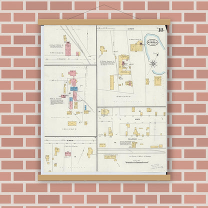Old map wall art mockup — magnetic wood frame on brick wall — Sanborn Fire Insurance Map from Norwalk, Huron County, Ohio (1906), Sheet #0018
