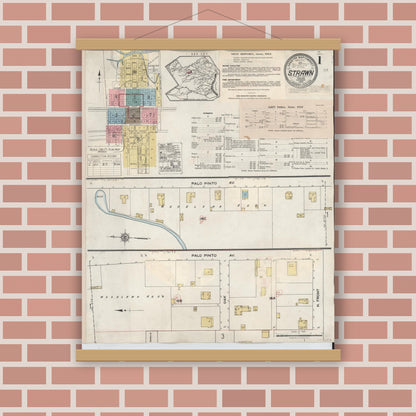 Old map wall art mockup — magnetic wood frame on brick wall — Sanborn Fire Insurance Map from Strawn, Palo Pinto County, Texas (1944) - Complete Map Set