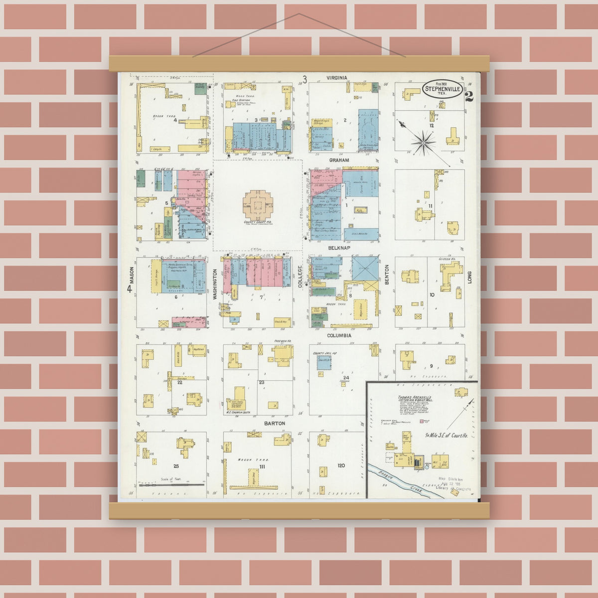 Old map wall art mockup — magnetic wood frame on brick wall — Sanborn Fire Insurance Map from Stephenville, Erath County, Texas (1902), Sheet #0002