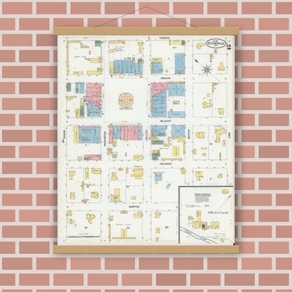 Old map wall art mockup — magnetic wood frame on brick wall — Sanborn Fire Insurance Map from Stephenville, Erath County, Texas (1902), Sheet #0002