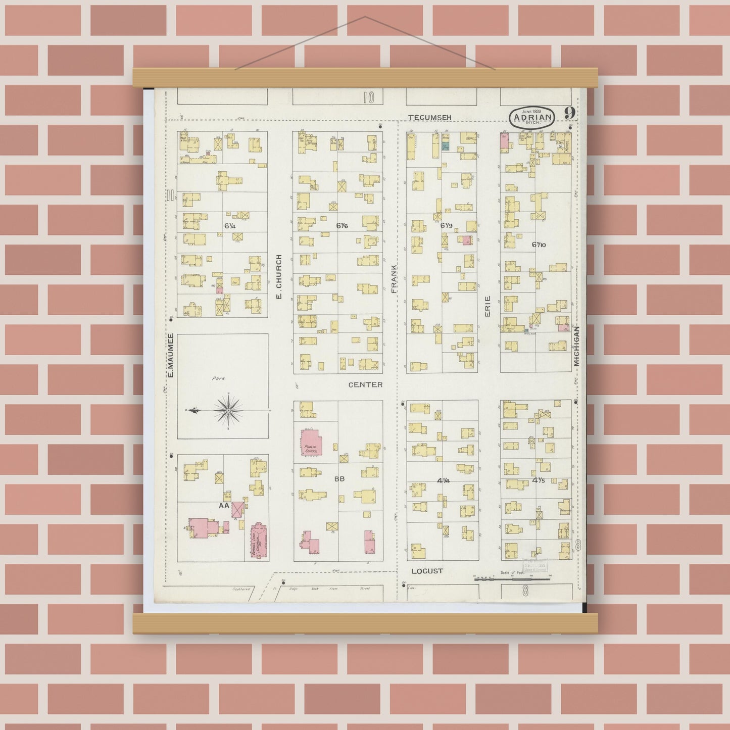 Old map wall art mockup — magnetic wood frame on brick wall — Sanborn Fire Insurance Map from Adrian, Lenawee County, Michigan (1893), Sheet #0009