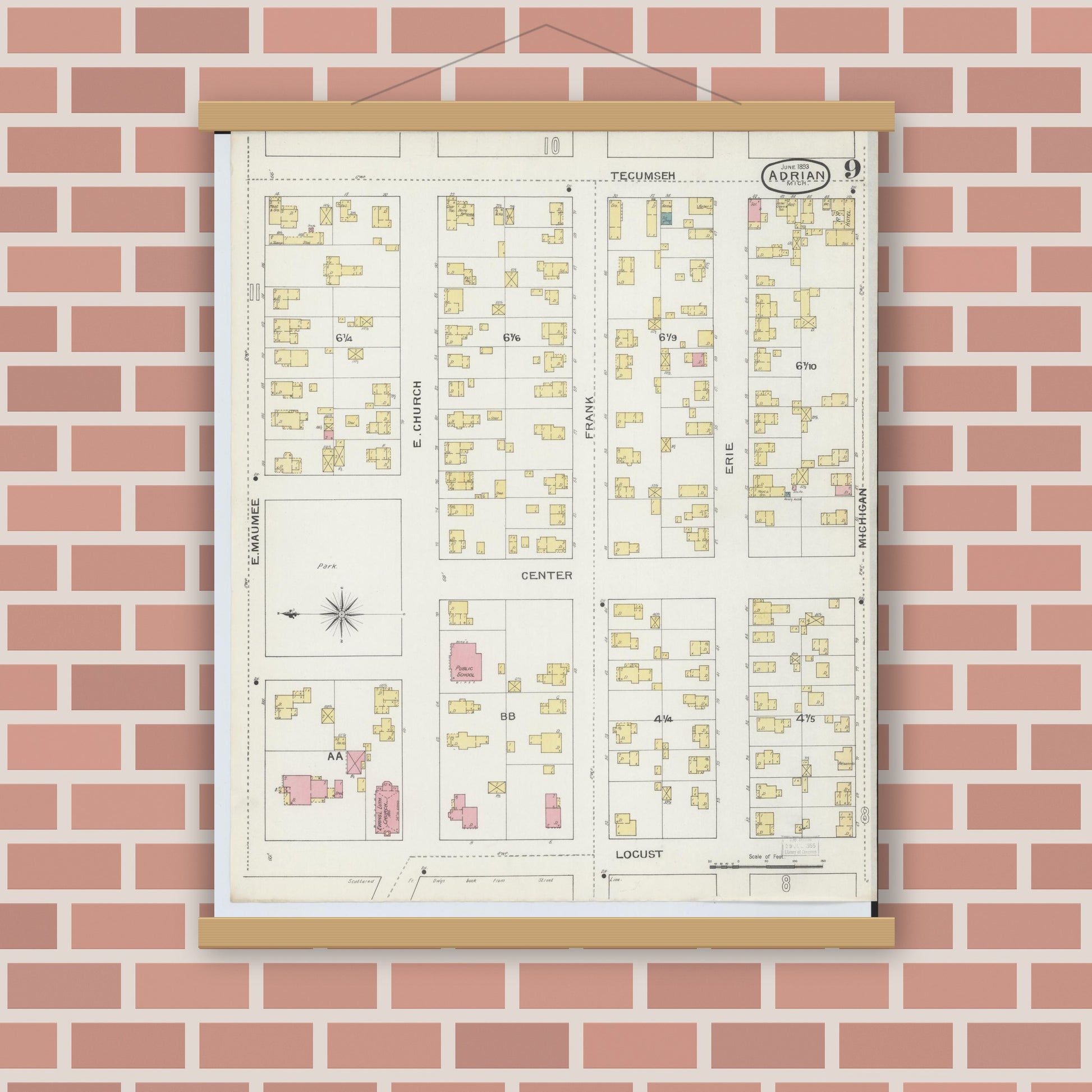 Old map wall art mockup — magnetic wood frame on brick wall — Sanborn Fire Insurance Map from Adrian, Lenawee County, Michigan (1893), Sheet #0009