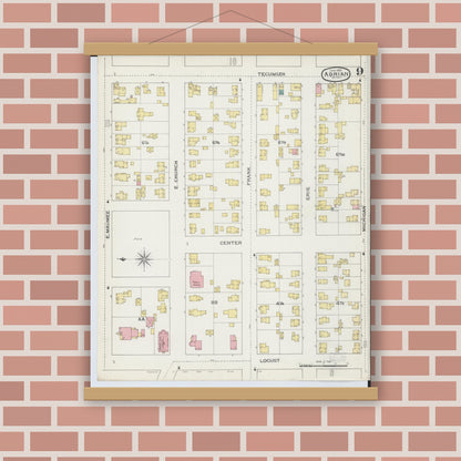 Old map wall art mockup — magnetic wood frame on brick wall — Sanborn Fire Insurance Map from Adrian, Lenawee County, Michigan (1893), Sheet #0009