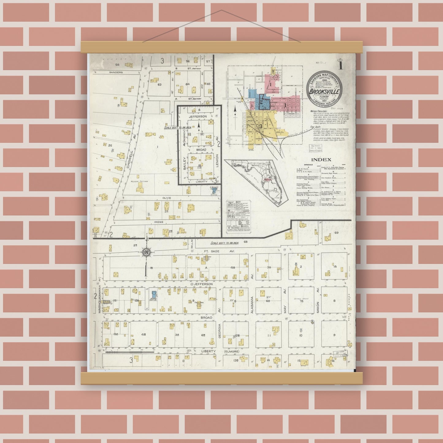Old map wall art mockup — magnetic wood frame on brick wall — Sanborn Fire Insurance Map from Brooksville, Hernando County, Florida (1917), Sheet #0001
