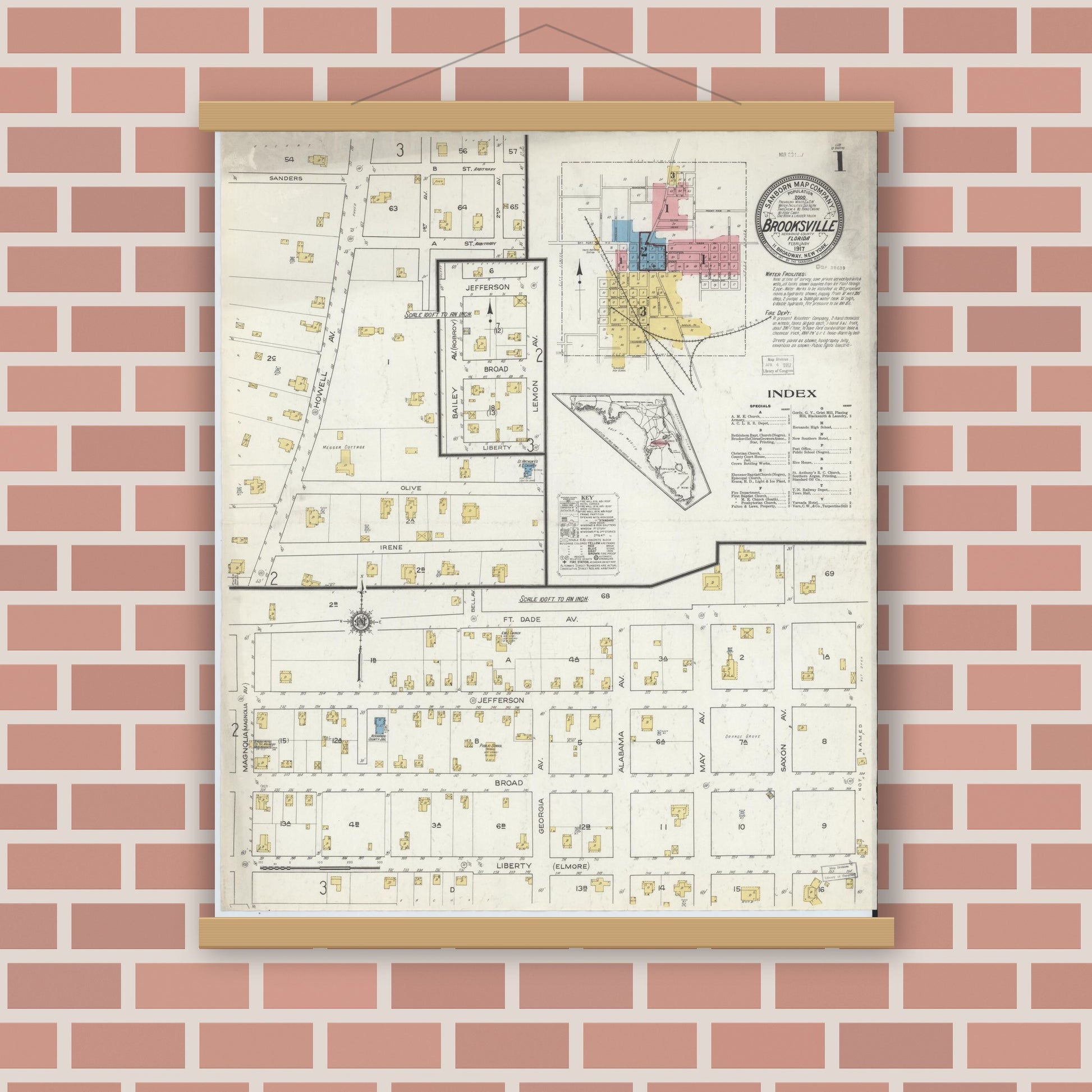 Old map wall art mockup — magnetic wood frame on brick wall — Sanborn Fire Insurance Map from Brooksville, Hernando County, Florida (1917), Sheet #0001