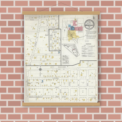 Old map wall art mockup — magnetic wood frame on brick wall — Sanborn Fire Insurance Map from Brooksville, Hernando County, Florida (1917), Sheet #0001