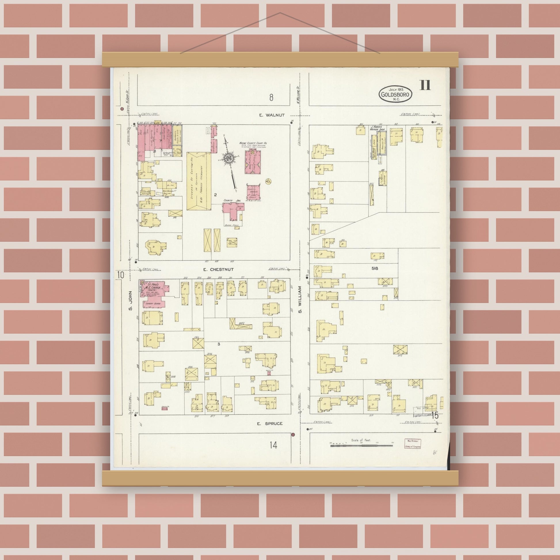 Old map wall art mockup — magnetic wood frame on brick wall — Sanborn Fire Insurance Map from Goldsboro, Wayne County, North Carolina (1913), Sheet #0011