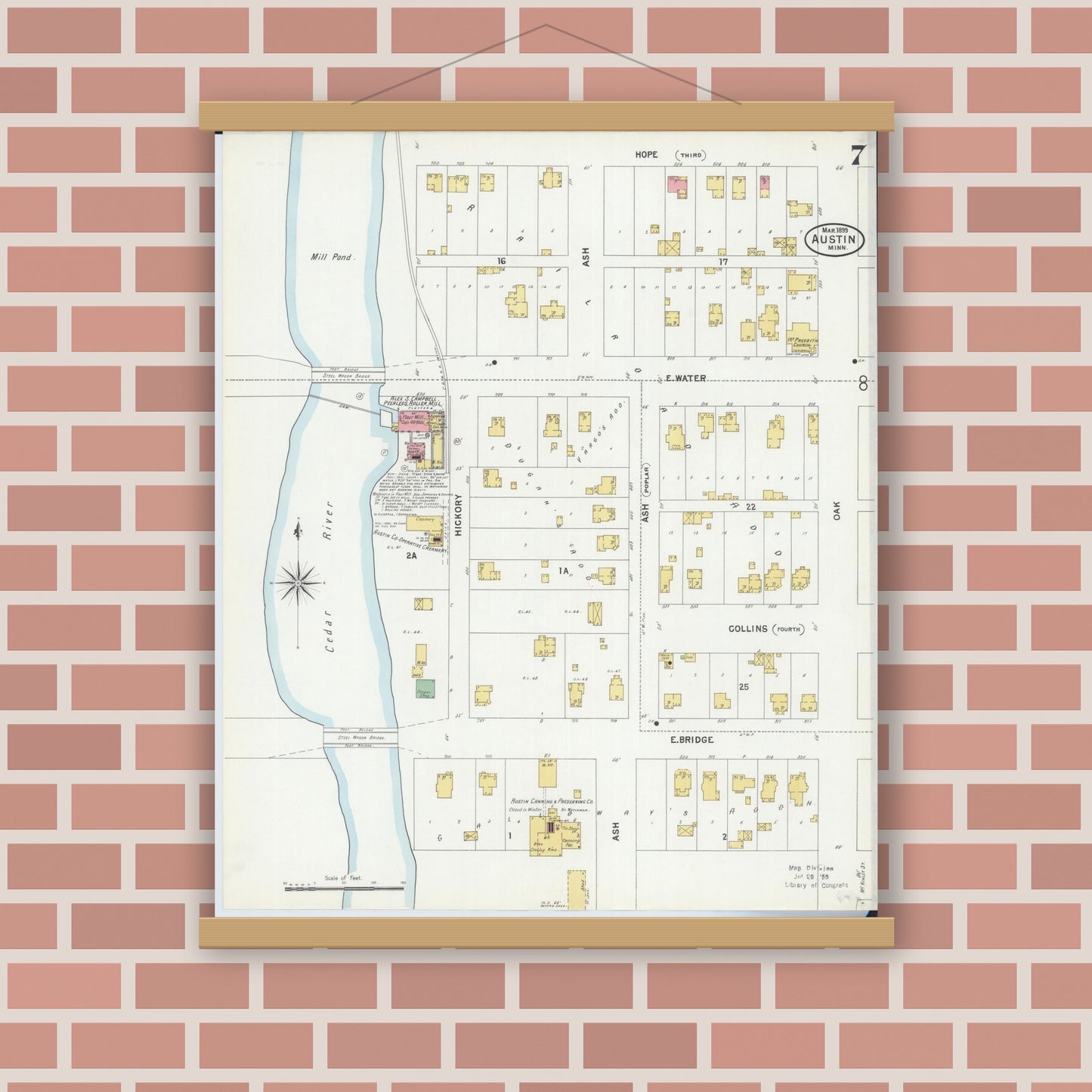 Old map wall art mockup — magnetic wood frame on brick wall — Sanborn Fire Insurance Map from Austin, Mower County, Minnesota (1899), Sheet #0007
