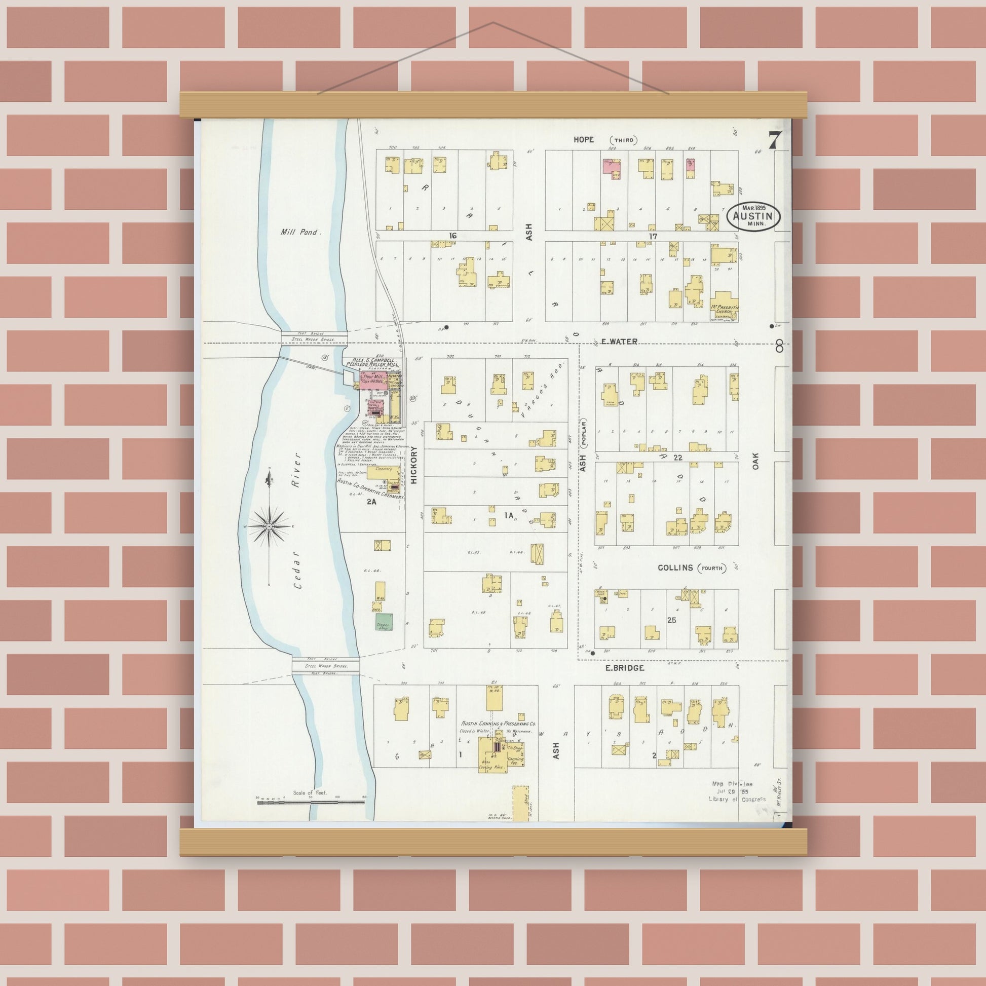 Old map wall art mockup — magnetic wood frame on brick wall — Sanborn Fire Insurance Map from Austin, Mower County, Minnesota (1899), Sheet #0007