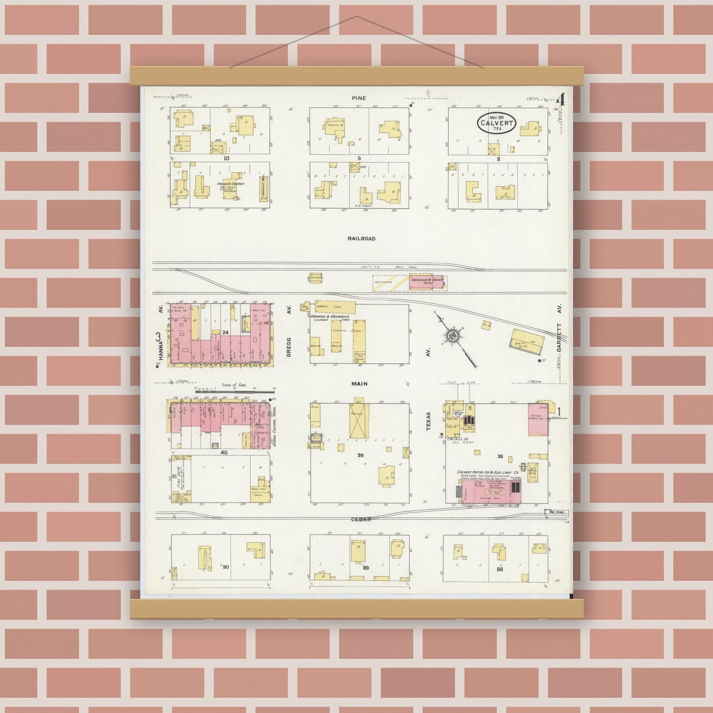 Old map wall art mockup — magnetic wood frame on brick wall — Sanborn Fire Insurance Map from Calvert, Robertson County, Texas (1911), Sheet #0004