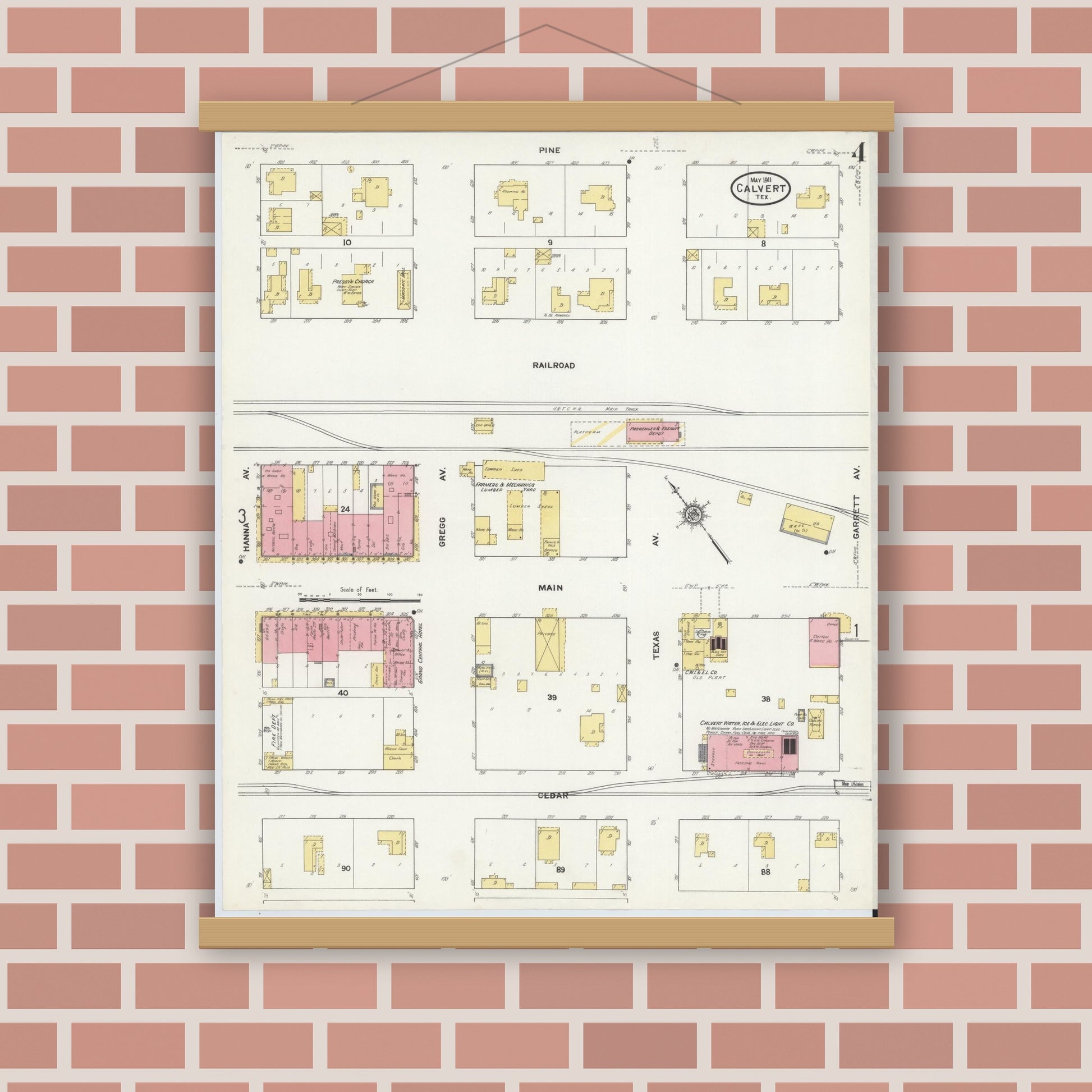 Old map wall art mockup — magnetic wood frame on brick wall — Sanborn Fire Insurance Map from Calvert, Robertson County, Texas (1911), Sheet #0004