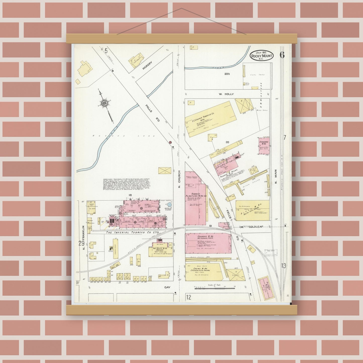 Old map wall art mockup — magnetic wood frame on brick wall — Sanborn Fire Insurance Map from Rocky Mount, Edgecombe And Nash Counties, North Carolina (1912), Sheet #0006