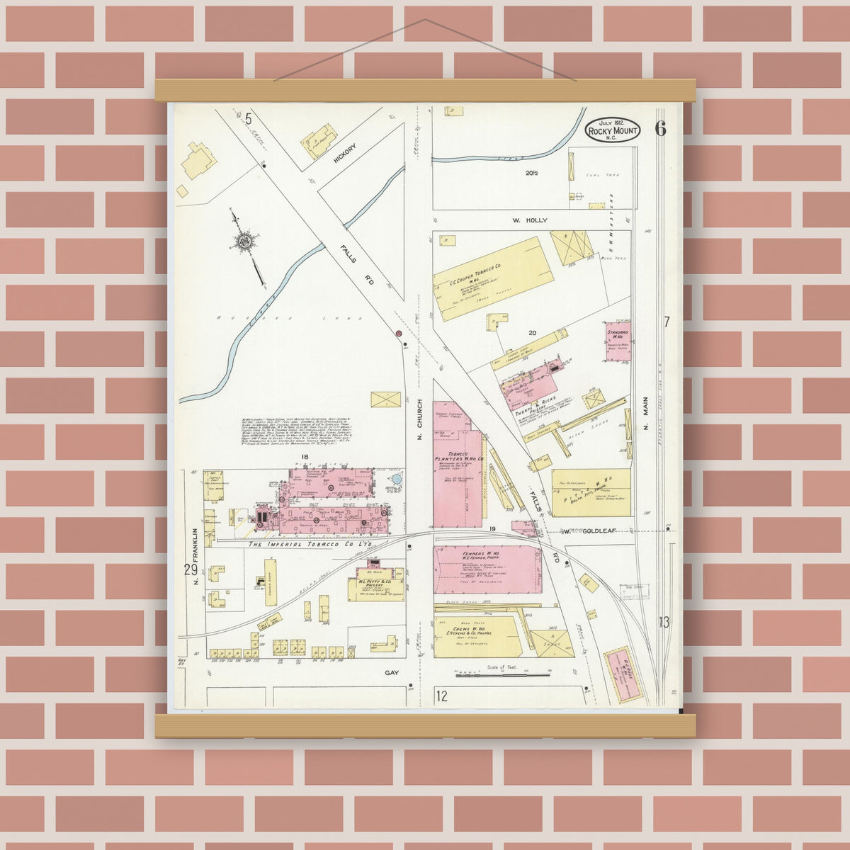 Old map wall art mockup — magnetic wood frame on brick wall — Sanborn Fire Insurance Map from Rocky Mount, Edgecombe And Nash Counties, North Carolina (1912), Sheet #0006