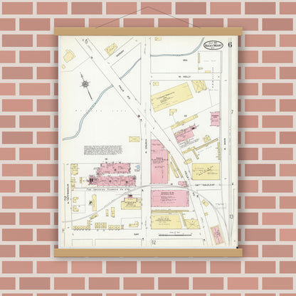 Old map wall art mockup — magnetic wood frame on brick wall — Sanborn Fire Insurance Map from Rocky Mount, Edgecombe And Nash Counties, North Carolina (1912), Sheet #0006