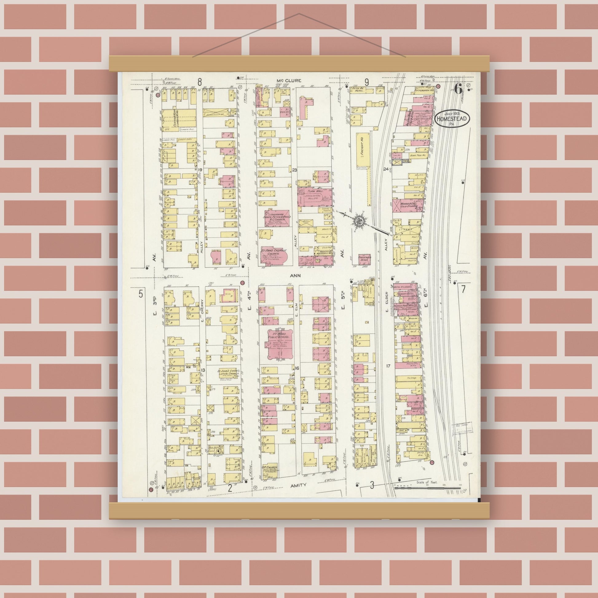 Old map wall art mockup — magnetic wood frame on brick wall — Sanborn Fire Insurance Map from Homestead, Allegheny County, Pennsylvania (1913), Sheet #0006
