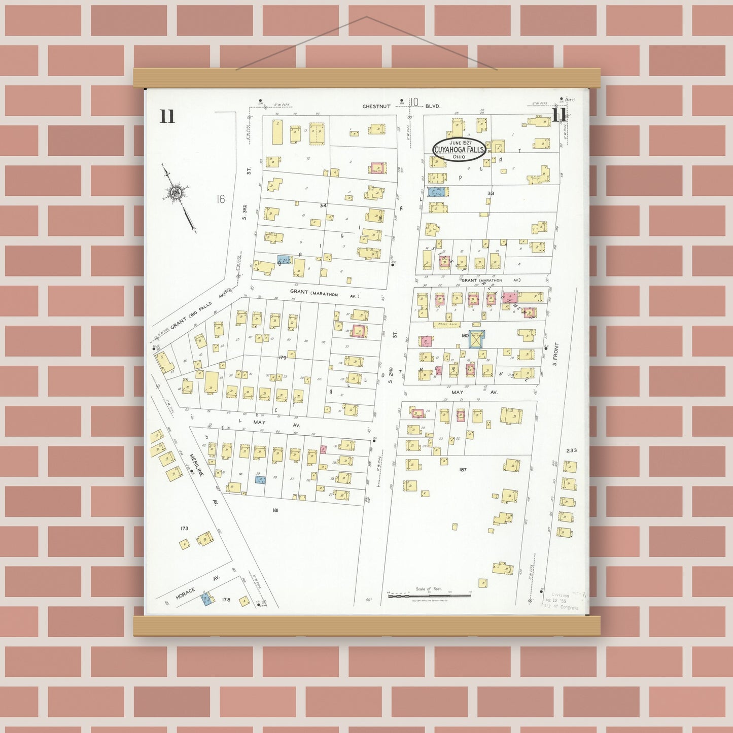 Old map wall art mockup — magnetic wood frame on brick wall — Sanborn Fire Insurance Map from Cuyahoga Falls, Summit County, Ohio (1927), Sheet #0011