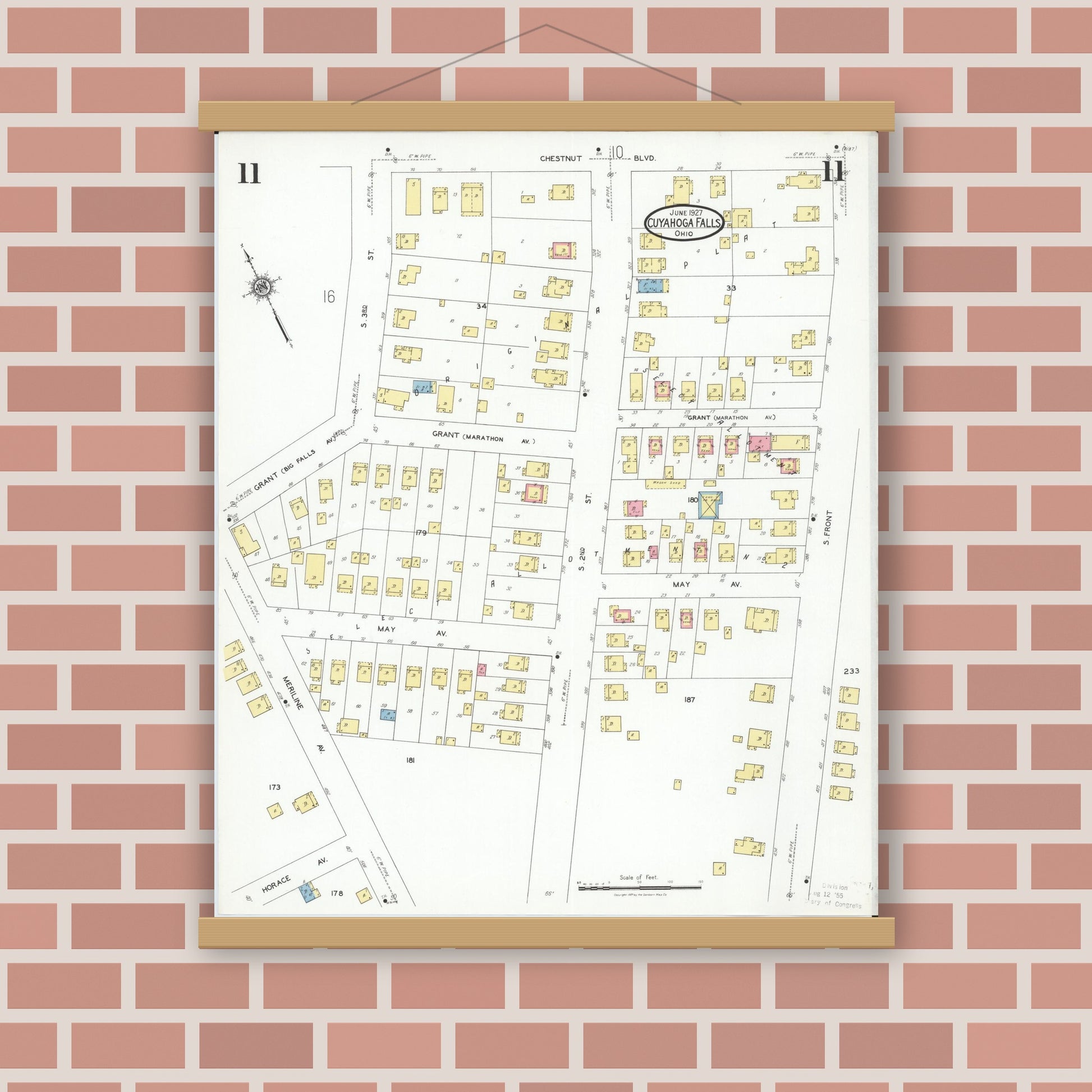 Old map wall art mockup — magnetic wood frame on brick wall — Sanborn Fire Insurance Map from Cuyahoga Falls, Summit County, Ohio (1927), Sheet #0011