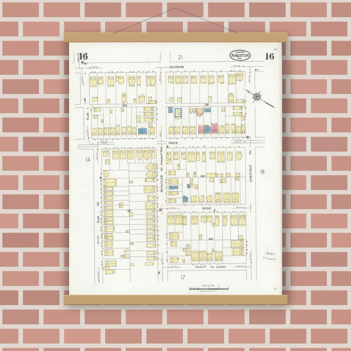 Old map wall art mockup — magnetic wood frame on brick wall — Sanborn Fire Insurance Map from Kingston, Luzerne County, Pennsylvania (1925), Sheet #0016