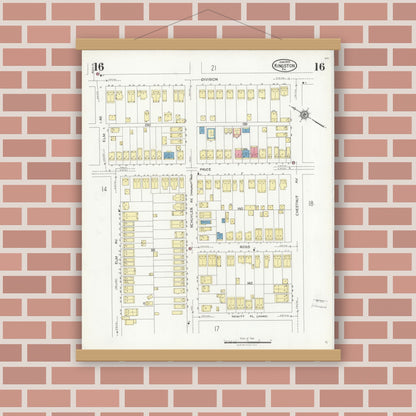 Old map wall art mockup — magnetic wood frame on brick wall — Sanborn Fire Insurance Map from Kingston, Luzerne County, Pennsylvania (1925), Sheet #0016