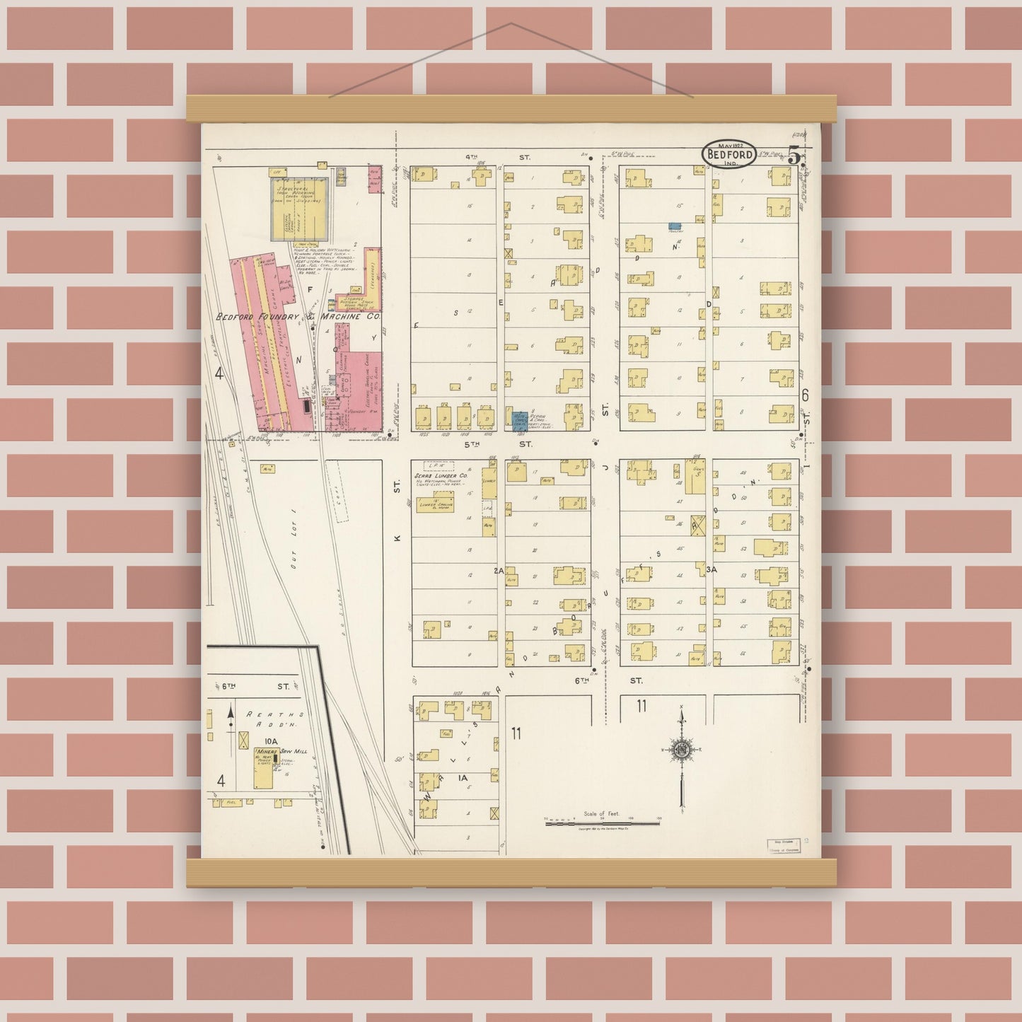 Old map wall art mockup — magnetic wood frame on brick wall — Sanborn Fire Insurance Map from Bedford, Lawrence County, Indiana (1922), Sheet #0005