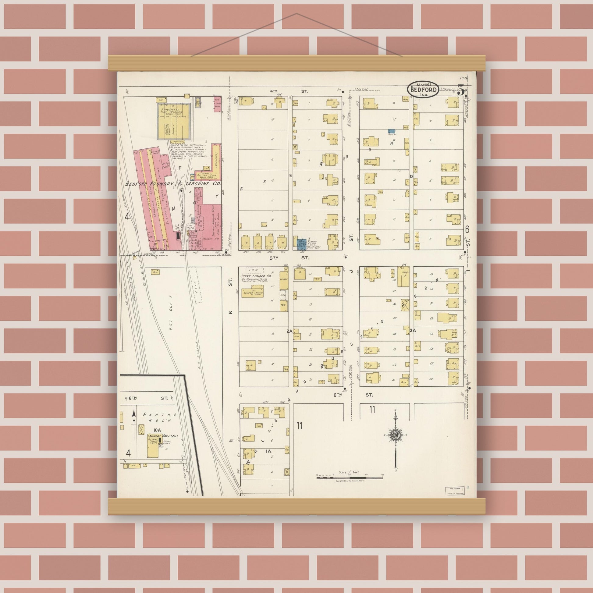 Old map wall art mockup — magnetic wood frame on brick wall — Sanborn Fire Insurance Map from Bedford, Lawrence County, Indiana (1922), Sheet #0005