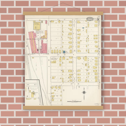 Old map wall art mockup — magnetic wood frame on brick wall — Sanborn Fire Insurance Map from Bedford, Lawrence County, Indiana (1922), Sheet #0005