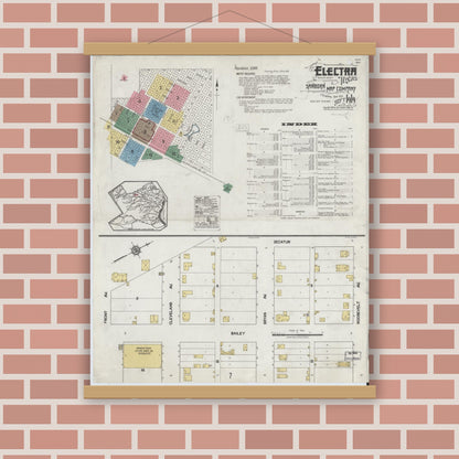 Old map wall art mockup — magnetic wood frame on brick wall — Sanborn Fire Insurance Map from Electra, Wichita County, Texas (1919), Sheet #0001
