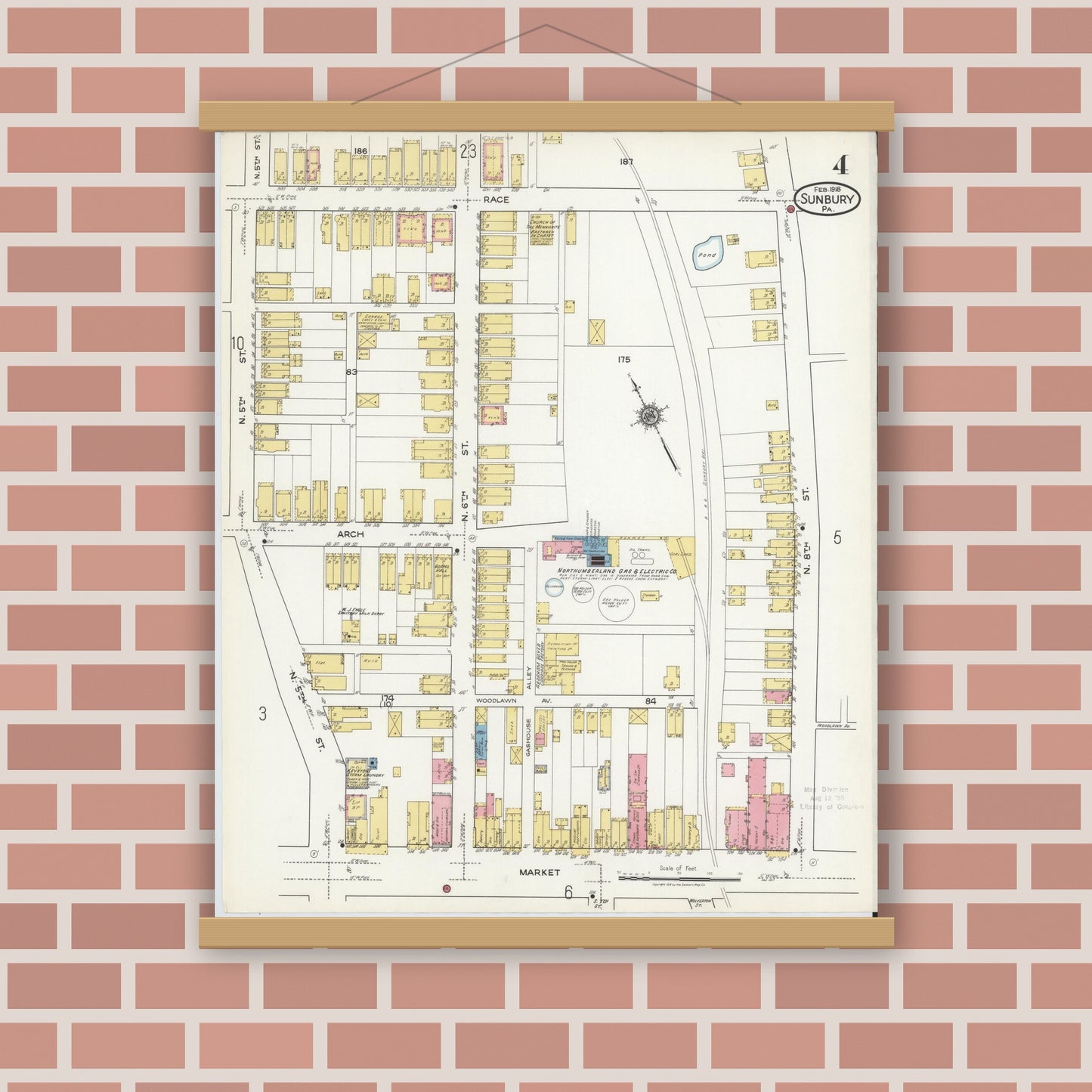 Old map wall art mockup — magnetic wood frame on brick wall — Sanborn Fire Insurance Map from Sunbury, Northumberland County, Pennsylvania (1918), Sheet #0004
